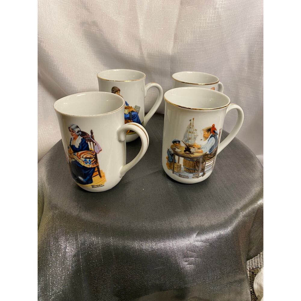 Set of 4 VTG Norman Rockwell Museum Cups Mugs 4 designs from paintings 4 in EUC